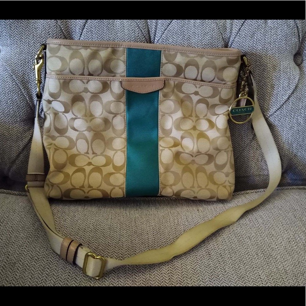 Authentic Coach mildly used beige bag with green stripe